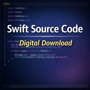 Peut inclure: Graphique de téléchargement numérique sur fond bleu foncé. Le texte "Swift Source Code" est en blanc, au-dessus du texte jaune "Digital Download". L'arrière-plan montre des lignes de code floues.