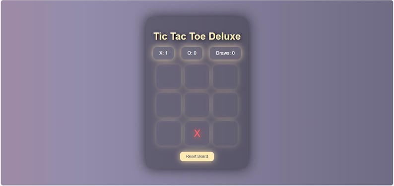 K&ouml;nnte beinhalten: Digitales Tic Tac Toe Deluxe Spiel-Interface auf lila Hintergrund. Das Spiel zeigt die Punktzahl, Unentschieden und ein rotes X in der Mitte des Spielfelds. Unten befindet sich ein "Reset Board"-Button.