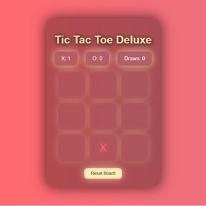 K&ouml;nnte beinhalten: Eine digitale Tic Tac Toe Deluxe Spieloberfl&auml;che auf einem roten Farbverlaufshintergrund. Das Spiel zeigt ein X in einem der Quadrate, mit dem Ergebnis X: 1, O: 0 und Unentschieden: 0. Die Worte "Tic Tac Toe Deluxe" stehen oben.