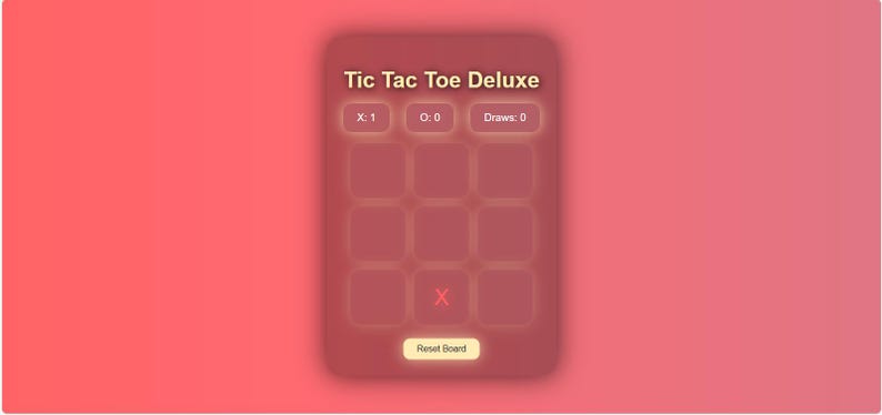 K&ouml;nnte beinhalten: Eine digitale Tic Tac Toe Deluxe Spieloberfl&auml;che auf einem roten Farbverlaufshintergrund. Das Spiel zeigt ein X in einem der Quadrate, mit dem Ergebnis X: 1, O: 0 und Unentschieden: 0. Die Worte "Tic Tac Toe Deluxe" stehen oben.