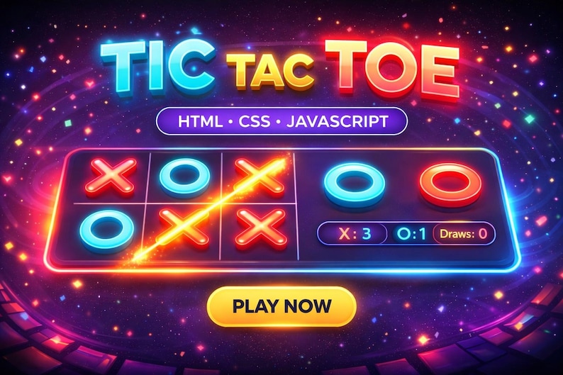 K&ouml;nnte beinhalten: Neon-Grafik f&uuml;r das Spiel Tic Tac Toe. Der Titel ist in leuchtendem Blau und Rot gehalten, das Spielbrett zeigt leuchtende X's und O's. Der Text "HTML CSS JAVASCRIPT" wird zusammen mit einer "Play Now"-Schaltfl&auml;che angezeigt.