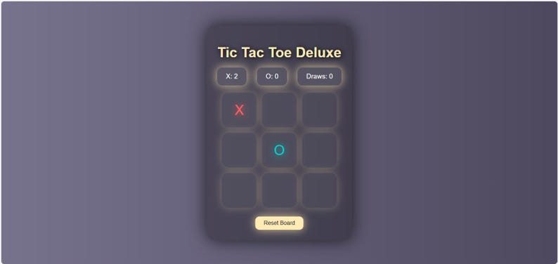 K&ouml;nnte beinhalten: Digitale Anzeige eines Tic Tac Toe Deluxe-Spiels im Gange. Das Spielbrett zeigt ein 'X' in Rot und ein 'O' in T&uuml;rkis. Oben auf dem Bildschirm wird die Punktzahl angezeigt: X:2, 0:0, Unentschieden: 0. Unten befindet sich eine Schaltfl&auml;che 'Brett zur&uuml;cksetzen'.