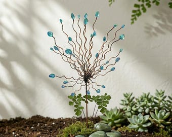Handcrafted Blue Beaded Tree Yard Stake – Metal Garden Ornament, Outdoor Art, Gift for Mom