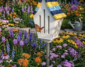 Colorful Garden Butterfly House – White, Sky Blue, Navy Blue, and Yellow Roof
