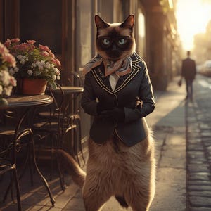 May include: A Siamese cat in a dark green blazer, scarf, and gloves stands on a cobblestone street. The cat is in front of a cafe with tables and flower pots. A person walks in the background.