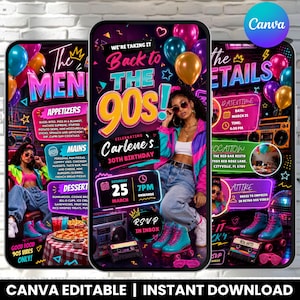 May include: A digital invitation template for a 90s themed 30th birthday party. The design features neon text, balloons, a boombox, and a person wearing a colorful jacket and jeans. It includes sections for menu, details, date, time, and location.