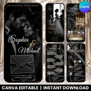 May include: A digital wedding invitation set featuring a black and gold color scheme. The design includes a portrait of a couple, a wax-sealed envelope graphic, and detailed event information such as the venue, schedule, and dress code.