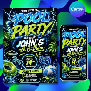 May include: A vibrant pool party invitation with the text "POOL PARTY" in neon blue and green. The invitation celebrates John's 10th birthday on June 14th. Includes a smartphone mockup with the same design, featuring pool-themed graphics.