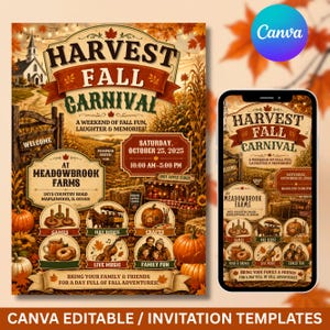 Op de afbeelding: Een digitale flyer en mobiele telefoonweergave voor een Harvest Fall Carnival op Meadowbrook Farms op 25 oktober 2025. Het ontwerp bevat pompoenen, een boerderijscène en tekst met details over activiteiten zoals spelletjes en livemuziek.