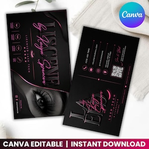 May include: Two black business cards with pink text and accents. The cards feature the name "Kaya Spencer" and "Licensed Lash Tech." One card displays an eye graphic. The Canva logo is in the upper right corner.