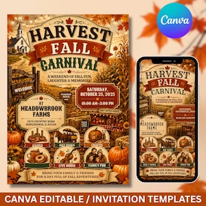 Op de afbeelding: Een digitale flyer en mobiele telefoonweergave voor een Harvest Fall Carnival op Meadowbrook Farms op 25 oktober 2025. Het ontwerp bevat pompoenen, een boerderijscène en tekst met details over activiteiten zoals spelletjes en livemuziek.