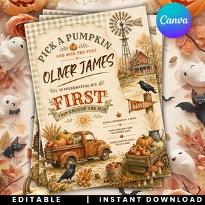 May include: A rectangular invitation card featuring a rustic farm theme with a vintage orange truck, a windmill, a farmhouse, and pumpkins. The text reads: Pick a pumpkin and join the fun! Oliver James is celebrating his first trip around the sun.