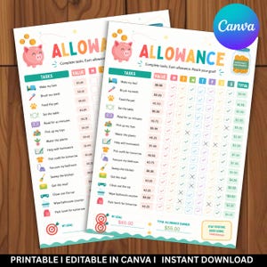 May include: A printable allowance tracker chart featuring a pink piggy bank graphic, the title ALLOWANCE, and a list of household tasks with corresponding monetary values, checkmark columns for days of the week, and a goal setting section.