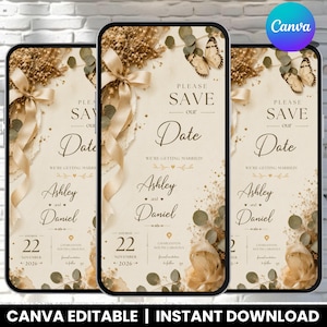 May include: A digital save the date template featuring a cream background, beige ribbon, dried flowers, and butterfly illustrations. The text reads: Please Save our Date, We're getting married, Ashley and Daniel, Saturday 22 November 2026, Charleston South Carolina.