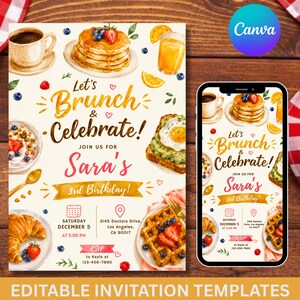 May include: A brunch invitation template featuring watercolour illustrations of pancakes, waffles, avocado toast, a croissant, coffee, and orange juice. The text reads Let's Brunch & Celebrate! Join us for Sara's 3rd Birthday, Saturday December 5 at 5:00 PM.