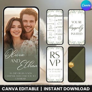 May include: A digital wedding invitation set featuring a photo of a couple, an event schedule, an invitation card with the text YOU'RE happily INVITED, an RSVP card, and a green envelope with a gold wax seal, all editable via Canva.