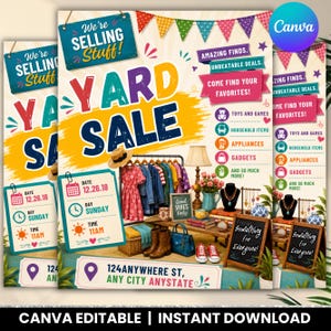 Puede incluir: Un folleto colorido de venta de garaje con el texto We're Selling Stuff, Yard Sale y 124 Anywhere St, Any City Anystate. El diseño incluye ilustraciones de ropa en un perchero, zapatos, una lámpara, flores y letreros que enumeran artículos en venta.