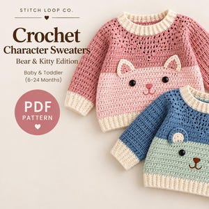 Puede incluir: Dos suéteres de ganchillo de manga larga para bebés y niños pequeños. El suéter superior es rosa con cara de gatito y el inferior es azul con cara de oso. Ambos tienen puños y cuellos acanalados de color crema y ojos de botón negros.