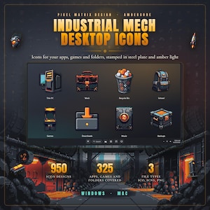 May include: A digital collection of industrial mech desktop icons featuring steel plate textures and amber lighting. The set includes 950 designs for apps, games, and folders, compatible with Windows and Mac in ICO, ICNS, and PNG file formats.