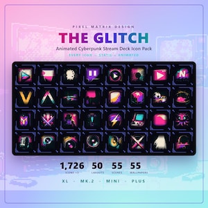 Op de afbeelding: Een digitaal icoonpakket genaamd THE GLITCH, met een raster van 32 kleurrijke, vierkante cyberpunk-iconen met neonroze, blauwe en paarse accenten. De tekst bevat PIXEL MATRIX DESIGN, THE GLITCH, Animated Cyberpunk Stream Deck Icon Pack, en aantallen voor 1.726 iconen, 50 lay-outs, 55 scènes, 55 achtergronden, plus de labels XL, MK.2, MINI en PLUS.