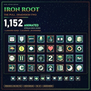 Puede incluir: Un diseño gráfico digital con el texto "IRON ROOT" y "1.152 ICONOS ANIMADOS STREAM DECK". La imagen muestra una cuadrícula de iconos animados con varios símbolos y diseños, incluyendo un escudo, una taza de café y un corazón.