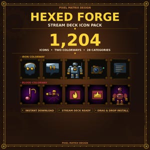 Puede incluir: Gráfico promocional para el paquete de iconos Stream Deck "Hexed Forge". El diseño presenta un fondo marrón oscuro con detalles dorados y el texto "HEXED FORGE" en letras doradas grandes. El paquete incluye 1.204 iconos, dos combinaciones de colores y 28 categorías.