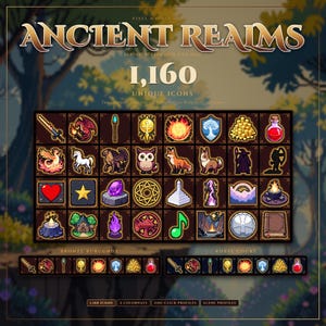 May include: A digital graphic featuring the text "ANCIENT REALMS" and "1,160 UNIQUE ICONS." The image showcases a grid of fantasy-themed icons in bronze and burgundy color schemes, including swords, dragons, and magical symbols. The bottom of the image displays additional icons.