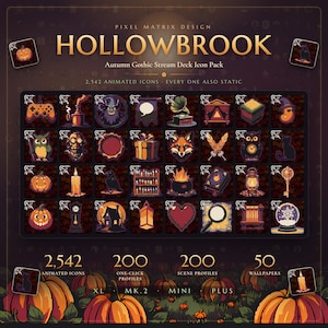 May include: A digital icon pack titled HOLLOWBROOK Autumn Gothic Stream Deck Icon Pack featuring 2,542 animated and static icons. The grid displays various dark-themed graphics including pumpkins, owls, candles, books, and lanterns with spiderweb accents.
