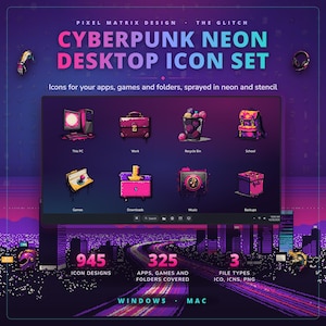 Op de afbeelding: Een desktop-pictogrammenset genaamd Cyberpunk Neon Desktop Icon Set met 945 pictogramontwerpen voor apps, games en mappen. De pictogrammen hebben een neon- en sjabloonesthetiek met levendige roze, paarse en blauwe kleuren voor Windows en Mac.