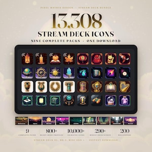 May include: A digital bundle of 13,308 stream deck icons featuring nine complete packs. The display shows a grid of square icons with various pixel art designs including lanterns, crystals, musical instruments, and gaming controllers, plus nine scene thumbnails.