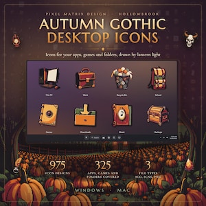 May include: A digital collection of Autumn Gothic desktop icons featuring a dark, warm-toned theme. The display shows eight illustrated icons for computer folders and apps, including a computer, briefcase, trash bin, backpack, book, and chest.