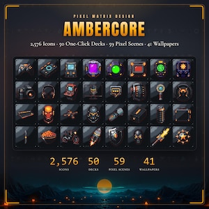 May include: A digital asset collection titled AMBERCORE by PIXEL MATRIX DESIGN, featuring 2,576 icons, 50 one-click decks, 59 pixel scenes, and 41 wallpapers. The display shows a grid of various small, dark-themed icons with orange accents.