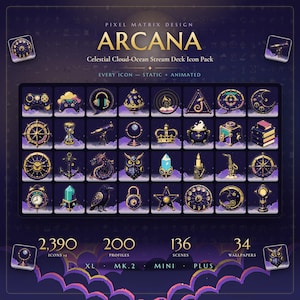 May include: A digital icon pack titled Arcana Celestial Cloud-Ocean Stream Deck Icon Pack by Pixel Matrix Design. It features a grid of 32 dark-themed icons depicting celestial, nautical, and mystical objects, including 2,390 icons, 200 profiles, 136 scenes, and 34 wallpapers.