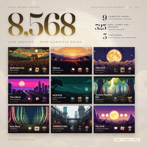 May include: A digital desktop icon bundle featuring 8,568 total designs across nine packs, including 325 apps, games, and folders. The graphic displays nine distinct pixel art themes, including Hollowbrook, Ojisan, Arcana, The Glitch, Nostos, Ancient Realms HD, Iron Root, Ambercore, and The Pull, compatible with Windows and Mac.
