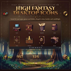 May include: A digital collection titled High Fantasy Desktop Icons featuring 957 designs for apps, games, and folders. The display shows eight icons including a computer, briefcase, trash bin, backpack, joystick, chest, music book, and crate.