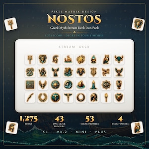 May include: A digital icon pack titled Pixel Matrix Design Nostos Greek Myth Stream Deck Icon Pack. It features 1,275 icons, 43 one-click profiles, 53 scene profiles, and 4 deck finishes. The display shows a grid of gold and teal mythological symbols.