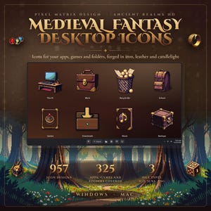May include: A digital collection of Medieval Fantasy Desktop Icons featuring 957 designs for apps, games, and folders. The display shows icons for This PC, Work, Recycle Bin, School, Games, Downloads, Music, and Backups in a pixel art style.
