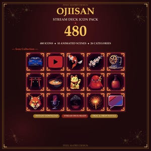 May include: A digital icon pack titled "Ojiisan" with 480 icons, 10 animated scenes, and 26 categories. The design features a dark red background with gold accents and various Japanese-themed illustrations, including a car, koi fish, and a lucky cat.