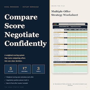 Multiple Offer Strategy Worksheet, Home Seller Comparison & Negotiation Planner Excel Template, Compare Competing Offers