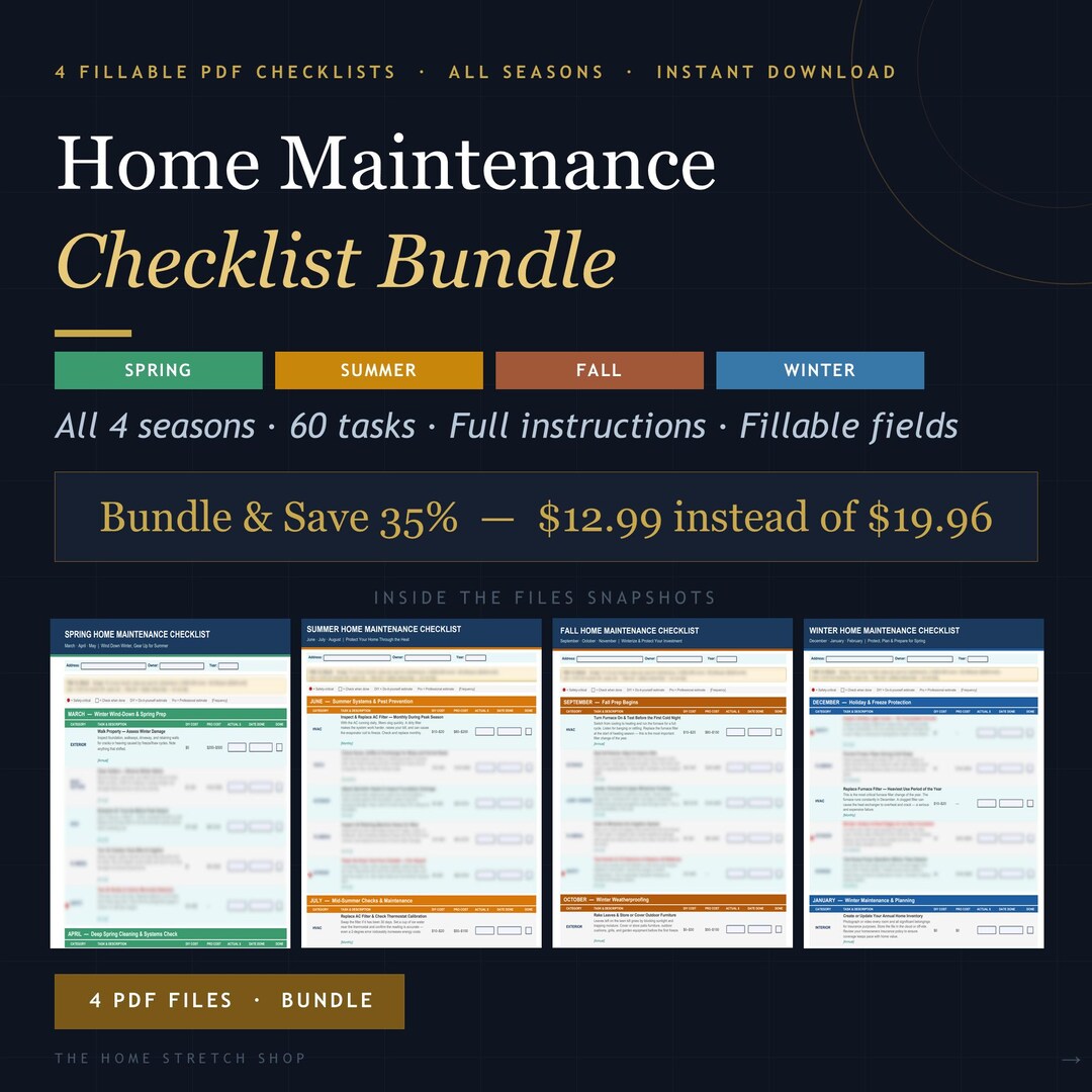 Seasonal Home Maintenance Checklist Bundle | Fillable PDF Month by ...