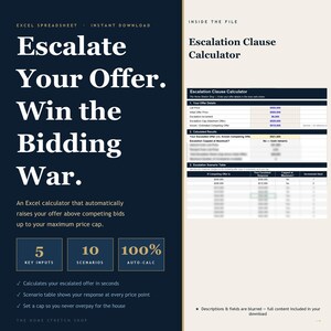 May include: An Excel spreadsheet digital file titled Escalate Your Offer. Win the Bidding War. The document features an Escalation Clause Calculator with sections for offer details, calculated results, and an escalation scenario table with blue text.