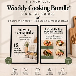 May include: The Complete Weekly Cooking Bundle includes two digital guides featuring 60 fresh meals. Guide 1, The Weekly Cooking Method, offers 12 meals from one session. Guide 2, 4 Weekly Cooking Done-for-You Plans, provides 48 meals across four categories.