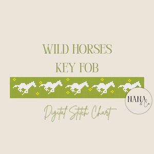 May include: A digital stitch chart for a key fob featuring a repeating pattern of white running horses on a green background. The text "WILD HORSES KEY FOB" is displayed above the design, with "Digital Stitch Chart" below.