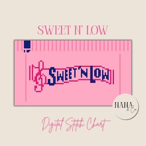 May include: A pink digital stitch chart with the text "SWEET N' LOW" in a pixelated font, accompanied by a musical note. The words "Digital Stitch Chart" are also present. A circular logo with the text "NANA & Co" is in the lower right corner.