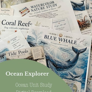 May include: A collection of educational pages titled Watercolor Nature Study featuring illustrations of marine life including a blue whale, coral reefs, and tide pools with descriptive text, scientific vocabulary, and watercolor painting elements.