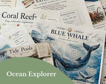 May include: A collection of educational pages titled Watercolor Nature Study featuring illustrations of marine life including a blue whale, coral reefs, and tide pools with descriptive text, scientific vocabulary, and watercolor painting elements.