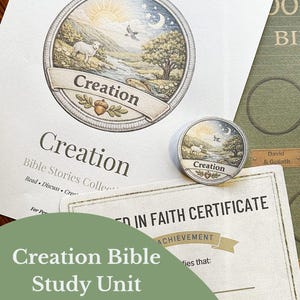 May include: A collection of Bible study materials, including a "Creation" themed study unit. The image features a circular illustration with a landscape scene, the word "Creation", and a certificate. The text "Rooted Wonder Bible Stories Collection" is also visible.