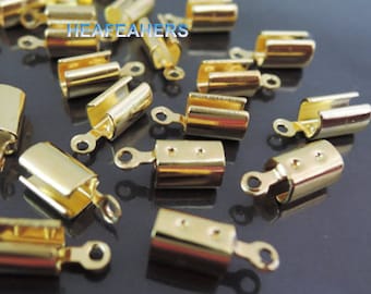 Gold Crimp Cord End 4mm - 20pcs Finding Antique Brass Metal Crimp End With Loop Fold Over Crimps 12mm x 5mm ( Inside 4mm )