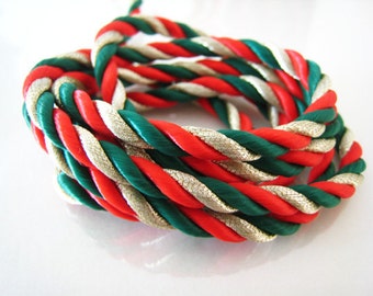 1 Yard of 5mm Red and Green Color with Metallic Gold Yarn Striped String Round Braided Trim Rope Cord