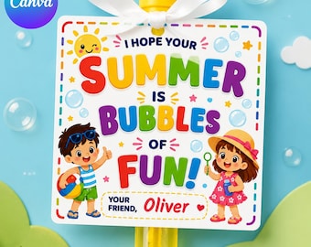 Editable Summer Bubble Gift Tags, End of School Year Favor (Printable PDF)
